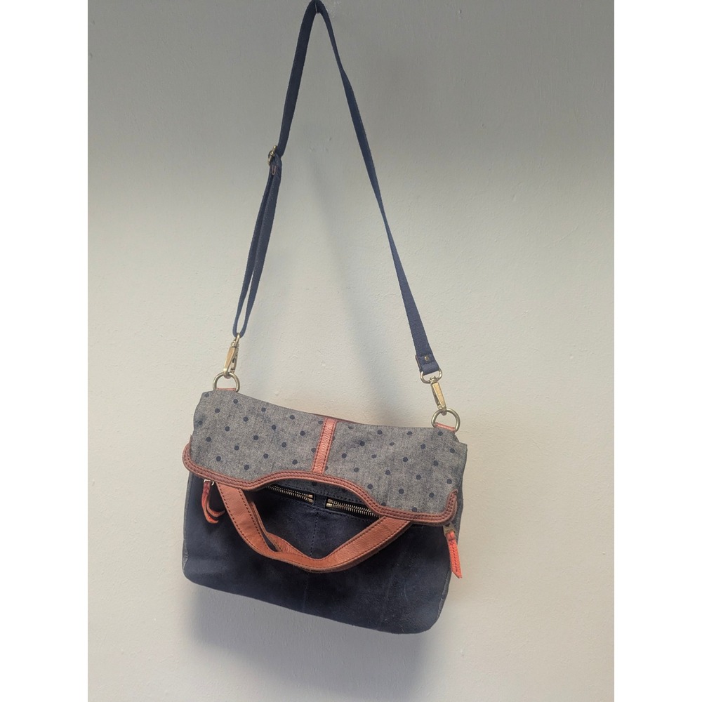 Fossil Crossbody Bag Womens Medium Blue‎ Polka Dot Denim Suede Good Foldover Zip